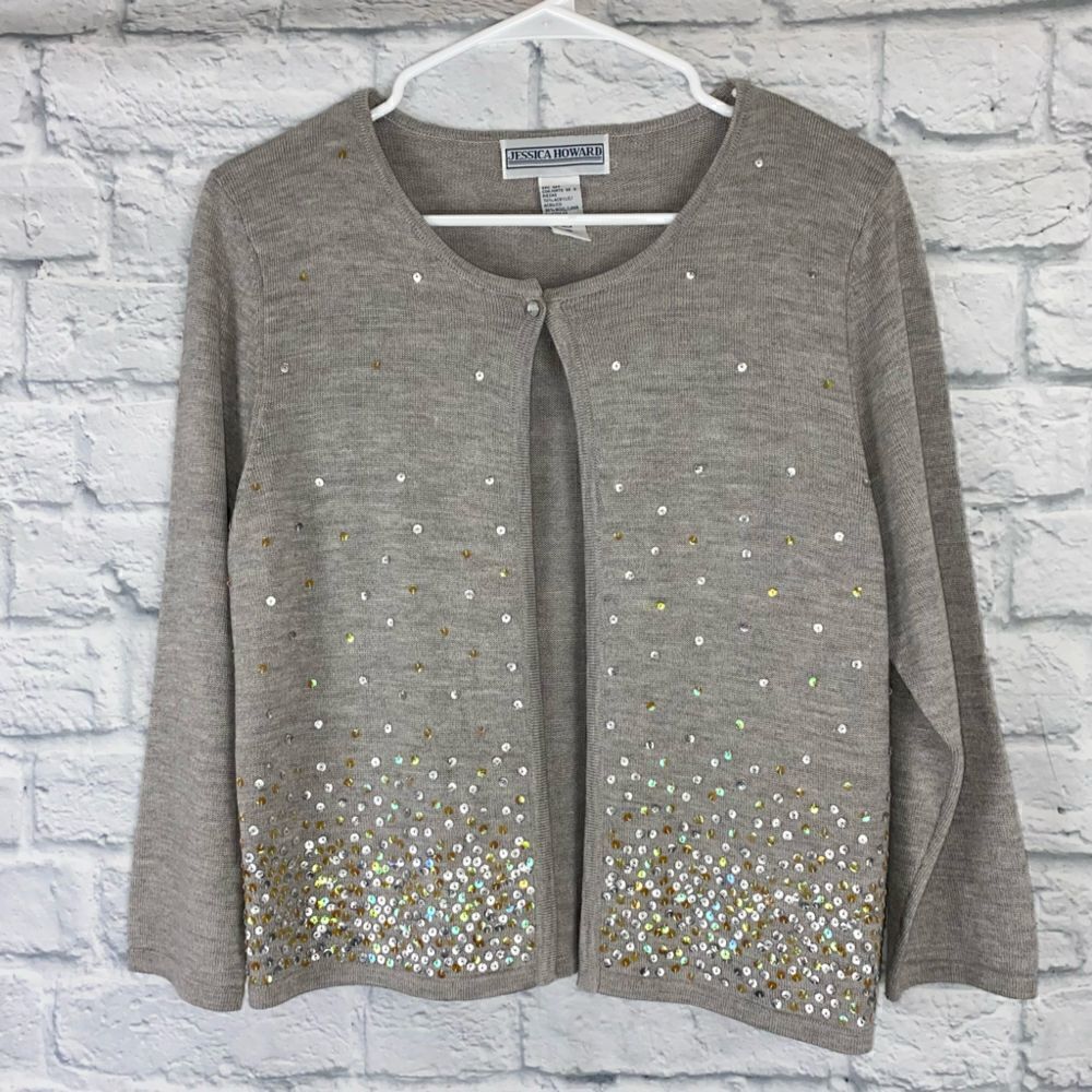 Jessica Howard open front one button sequin cardigan Longsleeve girls sz 10